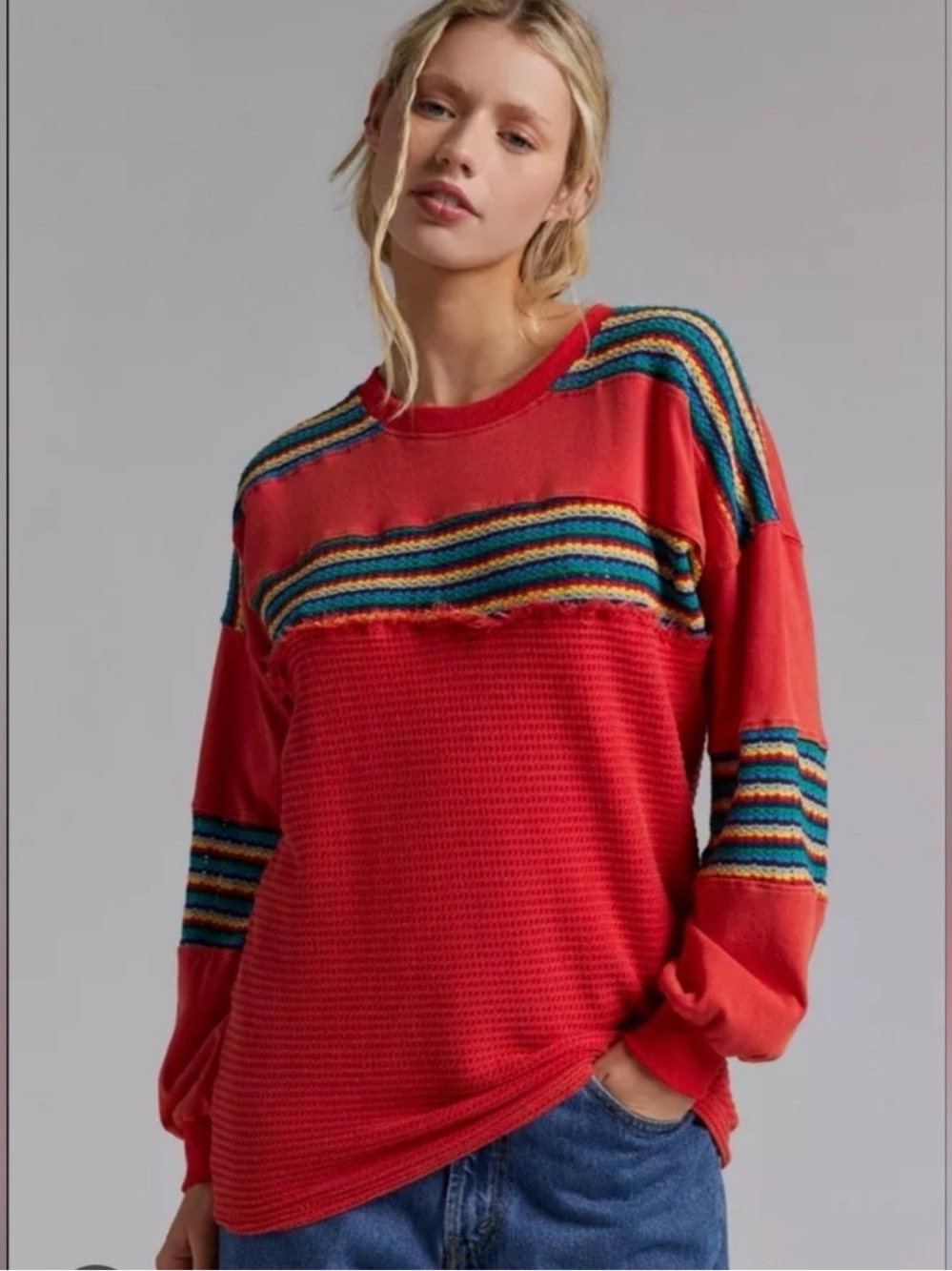 NWT BDG Red Rugby Oversized Waffle Knit Long Sleeve Pullover Tee Sweatshirt